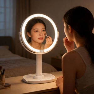 A woman uses a white LED makeup mirror with a ring light and storage base in a bedroom