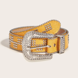 Yellow crocodile-embossed belt with sparkling rhinestone buckle and studded cross patterns
