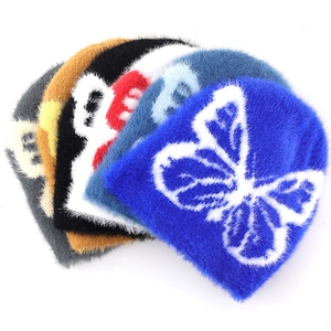 Butterfly Knitted Beanie Hat Plush Mohair Like Soft Warm Winter Headwear For Men Women Trendy Streetwear Jacquard Design