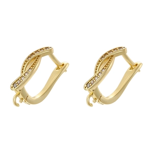 Detailed view of U-shaped gold plated ear hooks with sparkling cubic zirconia pavé setting