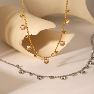 Golden and silver stainless steel ball chain necklaces with sparkling zircon pendants