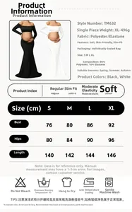 Size chart detail for off-shoulder maternity gown with fabric and measurement specs