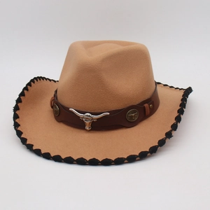 Ethnic style khaki fedora hat with bull head ornament and leather band for men and women