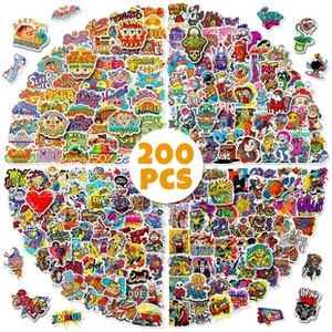 Macro shot of 200 colorful cartoon stickers including fun patterns and trendy text