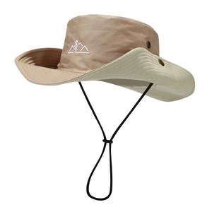 Outdoor sun hat with mountain embroidery, wide brim and adjustable wind cord in khaki