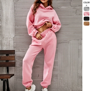 Women Tracksuit Cropped Hoodie And Jogger Pants Solid Color Long Sleeve Sporty Casual Outfits Polyester