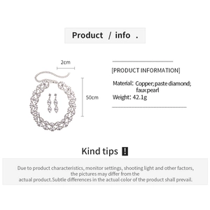 Detailed size specifications for the vintage rhinestone flower and faux pearl necklace set