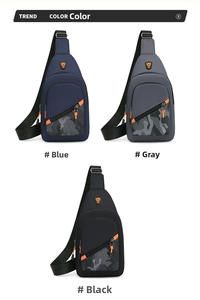 Three men's sling bags in blue, grey, and black colors with camouflage pattern details