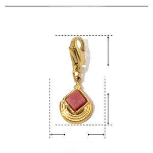 Detail of gold-plated stainless steel teardrop pendant with red stone and dimensions