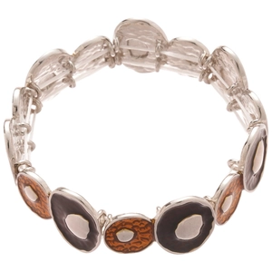 Retro elastic bracelet with silver metal frames and brown orange enamel irregular charms