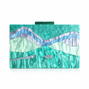 Rectangle acrylic evening bag with green and blue marble pattern and clasp closure
