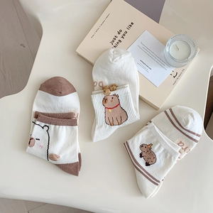 Three pairs of white and brown cotton ankle socks featuring cute cartoon bear and capybara