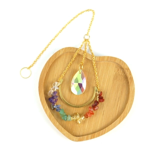 Chakra crystal suncatcher with moon pendant on heart wooden tray for home decor