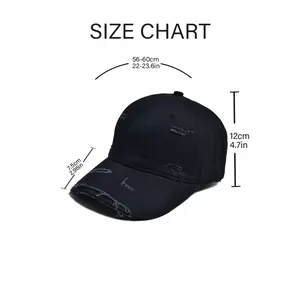 Size guide for vintage distressed black baseball cap with brim and crown measurements