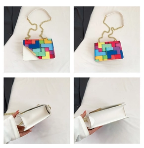 Detailed four-angle view of a colorful geometric block patchwork chain crossbody bag