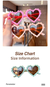 Detailed size chart and parameters for heart-shaped wave frame children's sunglasses