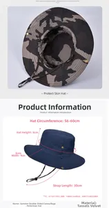 Detail showing dimensions and reversible design of the camouflage sun hat for men