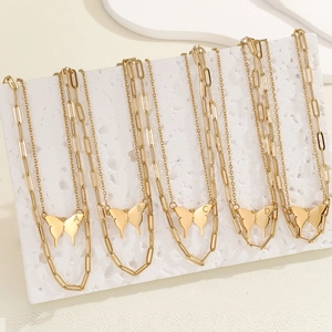 Double-layered 18K gold plated butterfly pendant necklaces with custom initial engraving