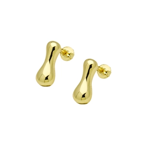 Close-up of polished gold balloon bubble drop earrings with a sleek metallic finish