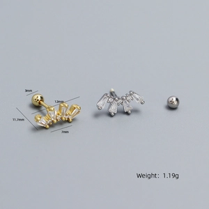 S925 sterling silver fan-shaped piercing studs with cubic zirconia and size dimensions