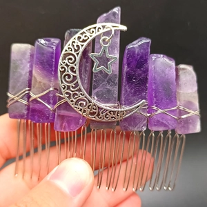 Handmade amethyst crystal hair comb with silver crescent moon and star charm detail