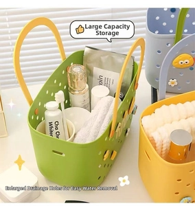 Detail of large portable plastic bath basket with drainage holes and yellow handle