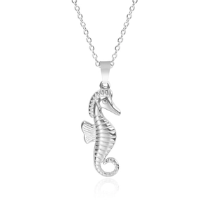 Detailed macro view of silver seahorse pendant on high-quality stainless steel necklace
