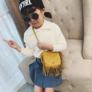 Kids fashion yellow suede crossbody bag with fringe tassels and metal button