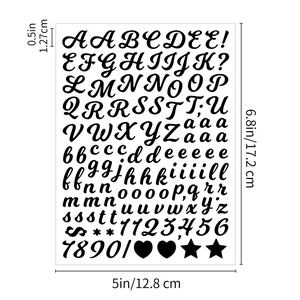Detailed size chart for 0.5-inch black waterproof alphabet and number stickers set
