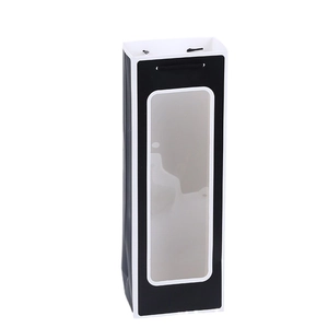 Vertical black gift bag with large clear window and black rope handles for wine or flowers