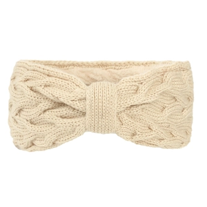 Detailed close-up of beige cable knit headband showing warm woolen texture and bow accent
