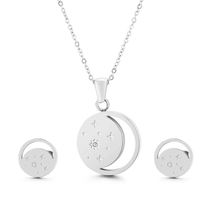 Titanium steel jewelry set featuring silver star moon necklace and matching stud earrings