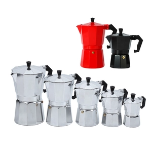 Italian aluminum moka pot set in red black and silver finishes with multiple sizes