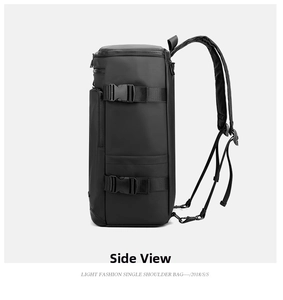 Detail view of water-resistant tactical shoulder bag with side buckles and padded strap