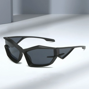 Futuristic matte black cat eye sunglasses with angular tech frame and geometric design