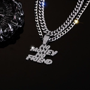Collana cubana d'argento hip hop con ciondolo a lettere NO MONEY NO FRIEND con zirconi
