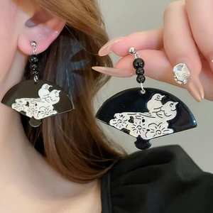 Vintage black fan-shaped earrings with white floral and bird patterns in Chinese style