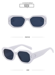 Detail view showing white frame sunglasses with black lenses from front and side angles