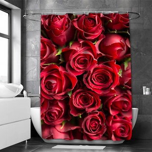 Detail of waterproof polyester shower curtain featuring vibrant red rose floral prints