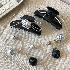Elegant black PU leather rose hair claw and silver ribbon clips set for women