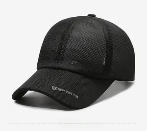 Detail view of breathable black mesh fabric and sports logo on the outdoor baseball cap