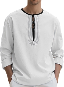 Detail of white cotton linen shirt showing black contrast collar and buttoned neckline