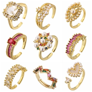 Fashion Open Adjustable Ring Copper Gold Plated With Zircon And Shell Artificial Pearl Evil Eye Heart Flower For Women