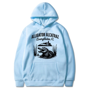 Light blue hoodie with Alligator Alcatraz print and front pocket on white background