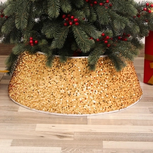 Festive gold sequin Christmas tree collar skirt for elegant holiday home decoration