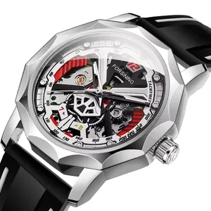 Montre mécanique squelette FORSINING pour homme avec boîtier argenté et bracelet noir