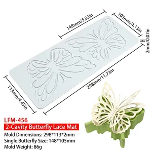 Detailed butterfly lace silicone mat with dimensions for fondant and cake decorating