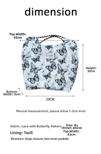 Lace canvas tote bag dimensions showing width 43cm, height 30cm and inner snap closure