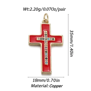 Detail of red enamel copper cross pendant with colorful zircons and size specifications