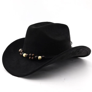 Detail view of black faux suede cowboy hat with rustic double-layer wooden bead band